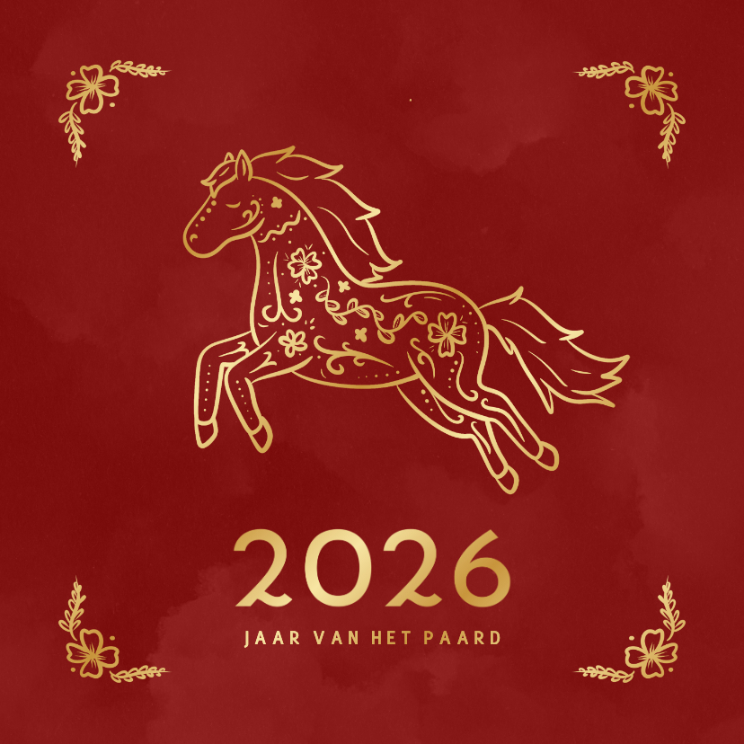 Chinees nieuwjaarskaartje paard in goudfolie rood - Nieuwjaarskaarten Nieuwjaarskaarten - Chinees nieuwjaarskaartje paard in goudfolie rood