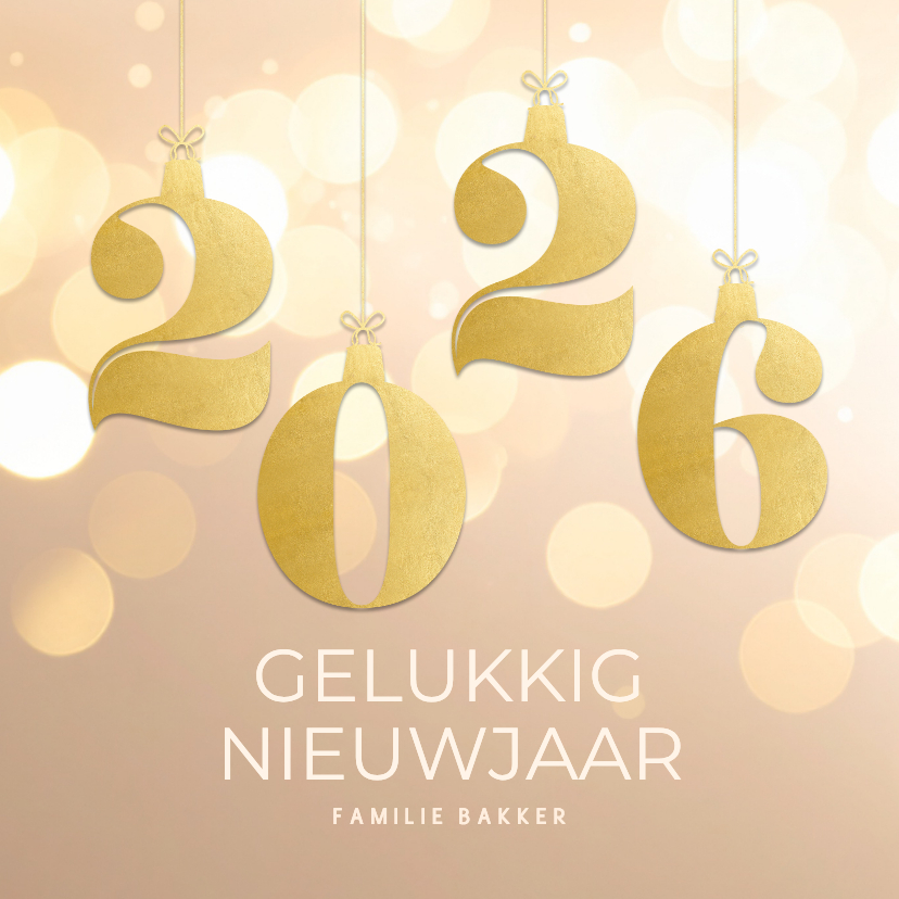 Nieuwjaarskaarten - Chique beige nieuwjaarskaartje goud met bokeh