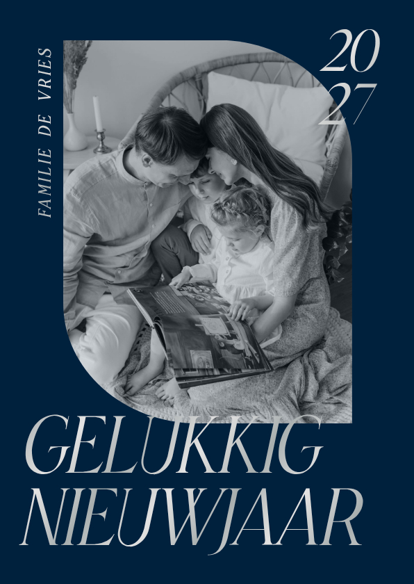 Donkerblauwe nieuwjaarskaart met eigen foto elegante tekst - Nieuwjaarskaarten Nieuwjaarskaarten - Donkerblauwe nieuwjaarskaart met eigen foto elegante tekst
