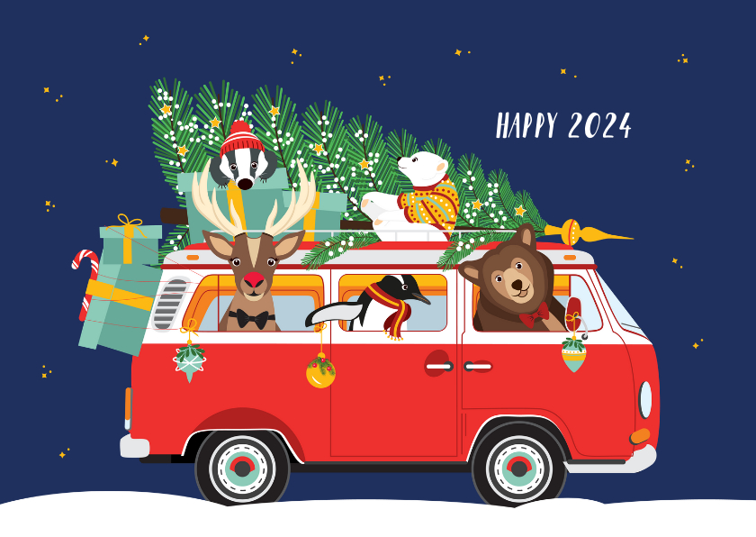 Een vrolijk Volkswagen busje vol kerst diertjes - Nieuwjaarskaarten Nieuwjaarskaarten - Een vrolijk Volkswagen busje vol kerst diertjes
