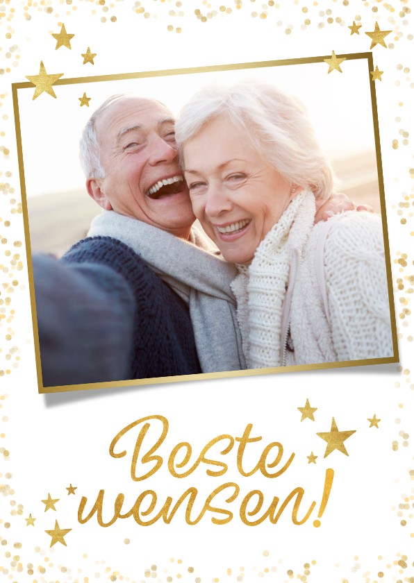 Feestelijke nieuwjaarskaart met gouden sterren en typografie - Nieuwjaarskaarten Nieuwjaarskaarten - Feestelijke nieuwjaarskaart met gouden sterren en typografie