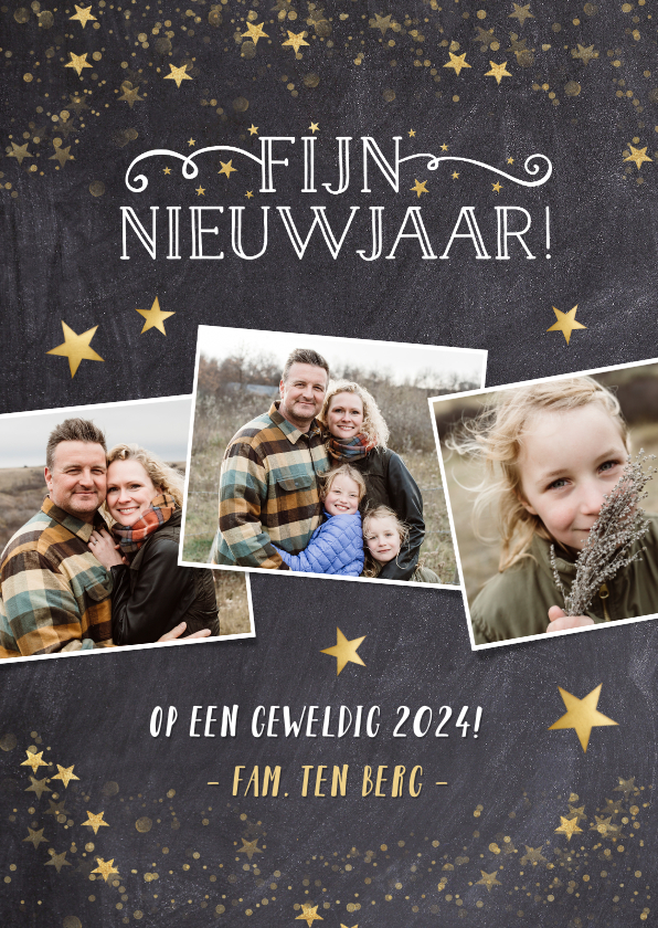 Nieuwjaarskaarten - Feestelijke nieuwjaarskaart met krijtbord en gouden sterren