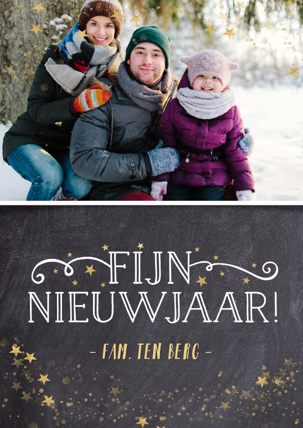 Feestelijke nieuwjaarskaart met krijtbordlook en sterren - Nieuwjaarskaarten Nieuwjaarskaarten - Feestelijke nieuwjaarskaart met krijtbordlook en sterren