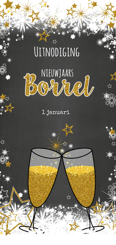 Feestelijke uitnodiging borrel sneeuw en sterren - Nieuwjaarskaarten Nieuwjaarskaarten - Feestelijke uitnodiging borrel sneeuw en sterren