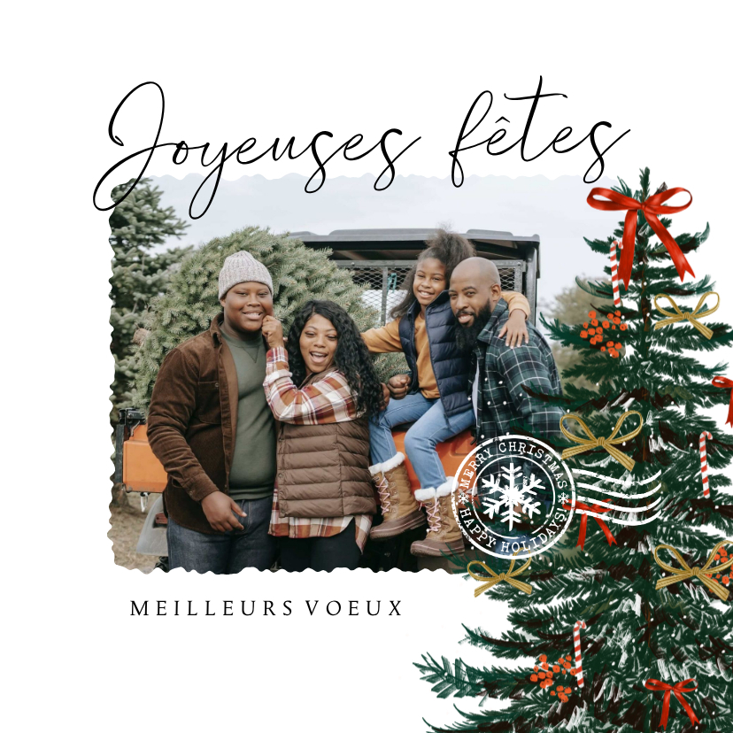 Franse nieuwjaarskaart met foto kerstboom en strik - Nieuwjaarskaarten Nieuwjaarskaarten - Franse nieuwjaarskaart met foto kerstboom en strik