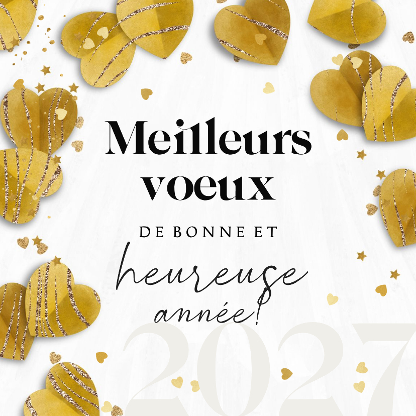 Franse nieuwjaarskaart met hartjes confetti goudlook - Nieuwjaarskaarten Nieuwjaarskaarten - Franse nieuwjaarskaart met hartjes confetti goudlook