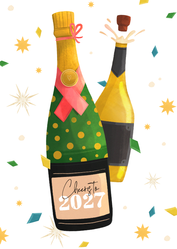 Geïllustreerde nieuwjaarskaart champagne sterren confetti - Nieuwjaarskaarten Nieuwjaarskaarten - Geïllustreerde nieuwjaarskaart champagne sterren confetti