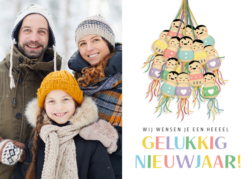 Grappige hippe nieuwjaarskaart met gelukspoppetjes en foto - Nieuwjaarskaarten Nieuwjaarskaarten - Grappige hippe nieuwjaarskaart met gelukspoppetjes en foto