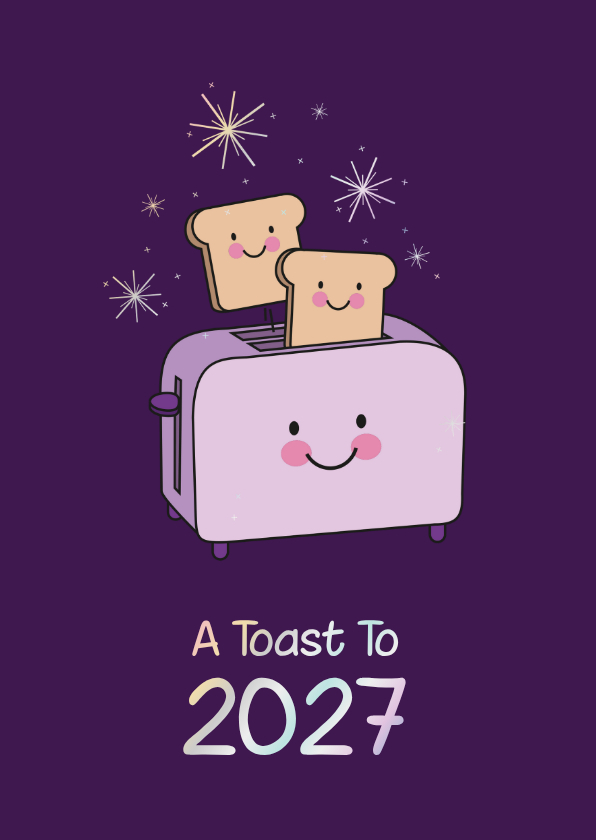 Grappige nieuwjaarskaart broodrooster toast vuurwerk paars - Nieuwjaarskaarten Nieuwjaarskaarten - Grappige nieuwjaarskaart broodrooster toast vuurwerk paars