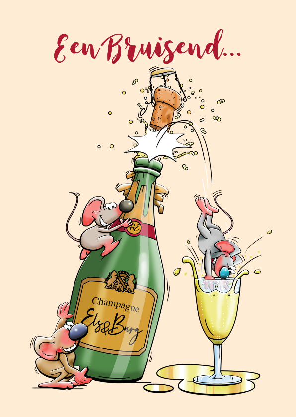 Grappige nieuwjaarskaart met leuke muizen en fles champagne - Nieuwjaarskaarten Nieuwjaarskaarten - Grappige nieuwjaarskaart met leuke muizen en fles champagne