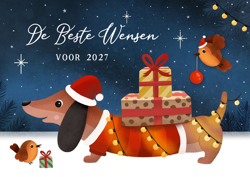 Grappige nieuwjaarskaart met teckel met lampjes en cadeau's - Nieuwjaarskaarten Nieuwjaarskaarten - Grappige nieuwjaarskaart met teckel met lampjes en cadeau's