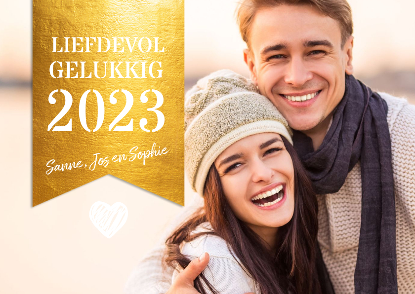 Grote foto met gouden label nieuwjaarskaart - Nieuwjaarskaarten Nieuwjaarskaarten - Grote foto met gouden label nieuwjaarskaart