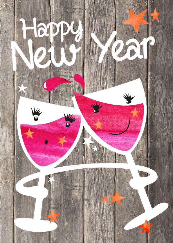 Nieuwjaarskaarten - Happy New Year - wijnglazen hout