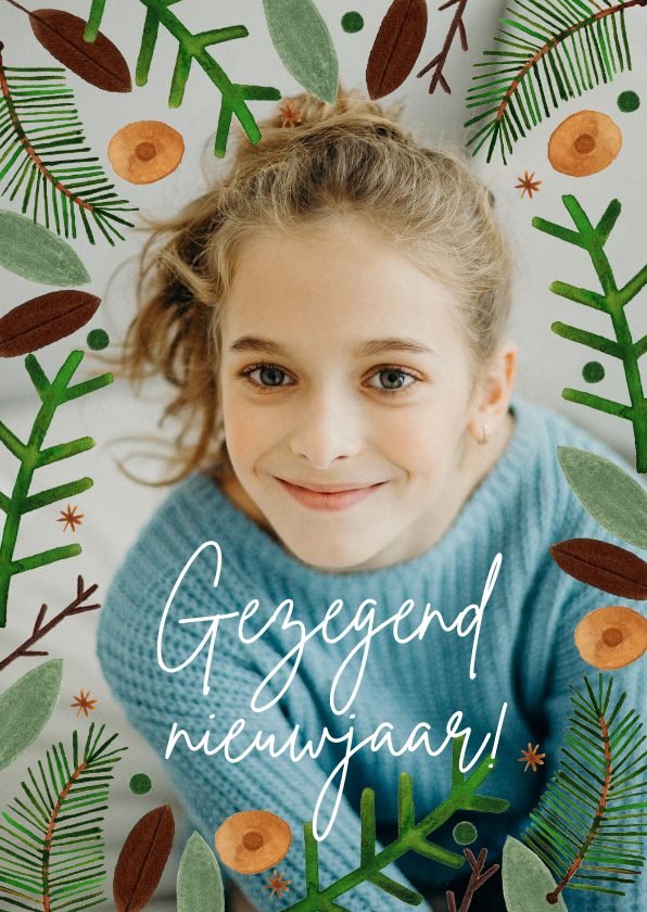 Hippe nieuwjaarskaart gezegend nieuwjaar foto en kerstkrans - Nieuwjaarskaarten Nieuwjaarskaarten - Hippe nieuwjaarskaart gezegend nieuwjaar foto en kerstkrans