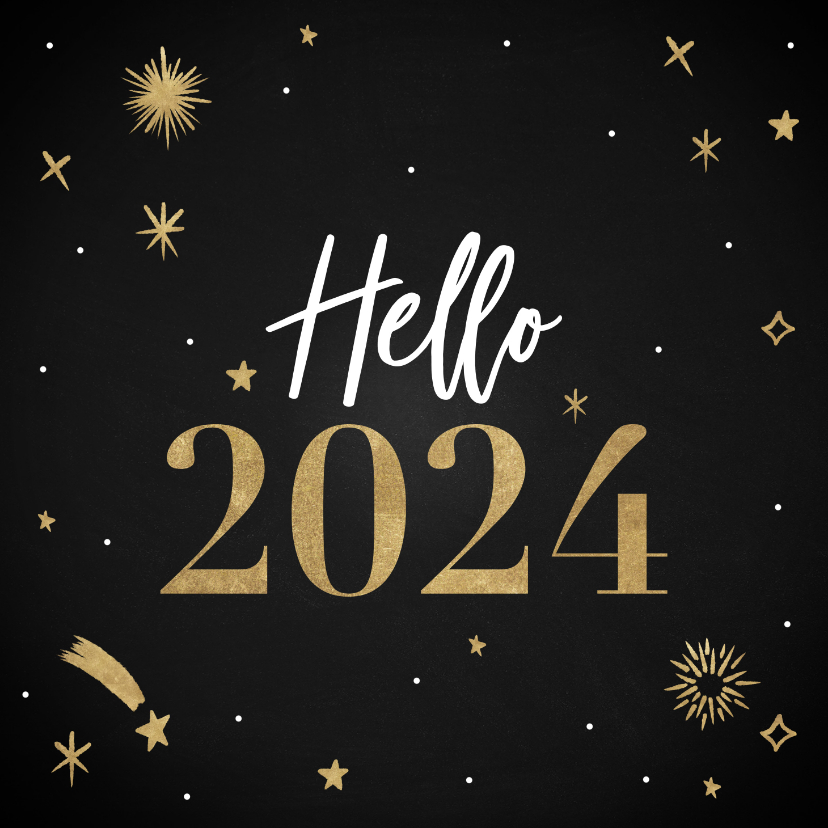 Nieuwjaarskaarten - Hippe nieuwjaarskaart Hello 2024 met vuurwerk en sterren