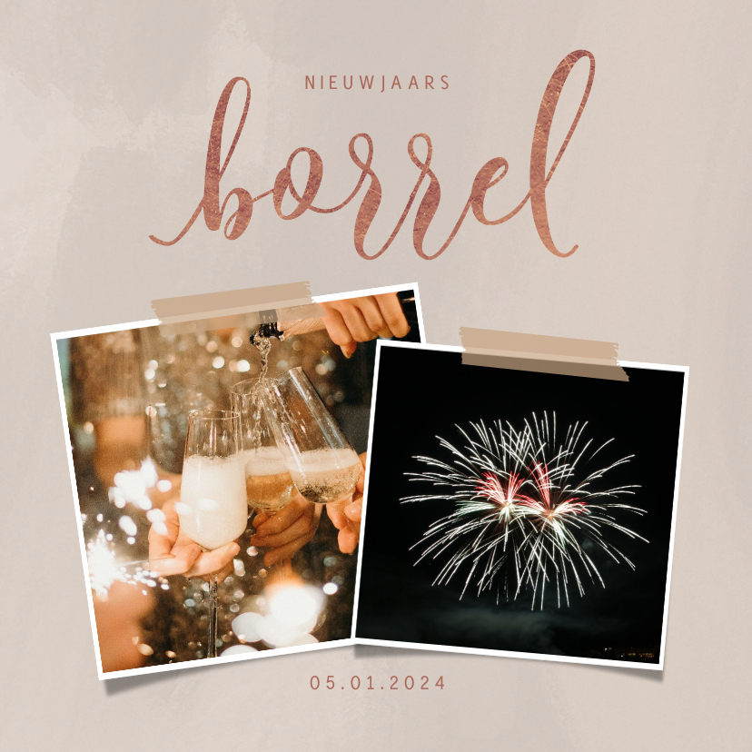 Hippe nieuwjaarskaart met borrel uitnodiging en foto's - Nieuwjaarskaarten Nieuwjaarskaarten - Hippe nieuwjaarskaart met borrel uitnodiging en foto's