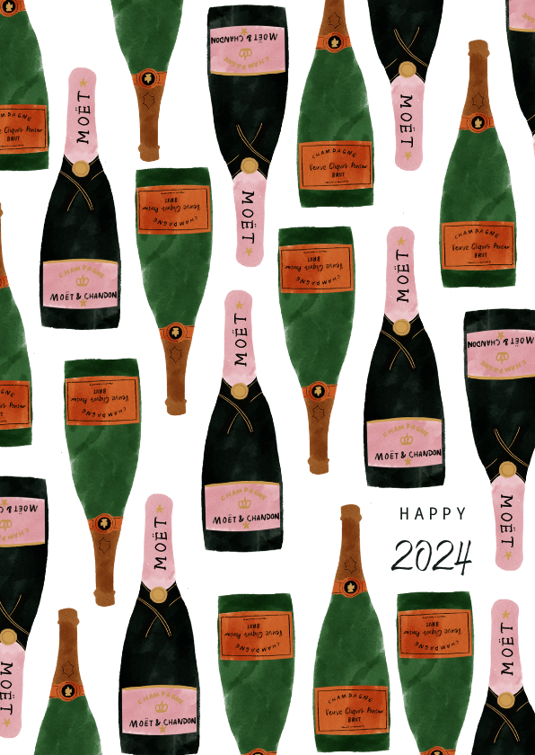Nieuwjaarskaarten - Hippe nieuwjaarskaart met champagneflessen en 2024