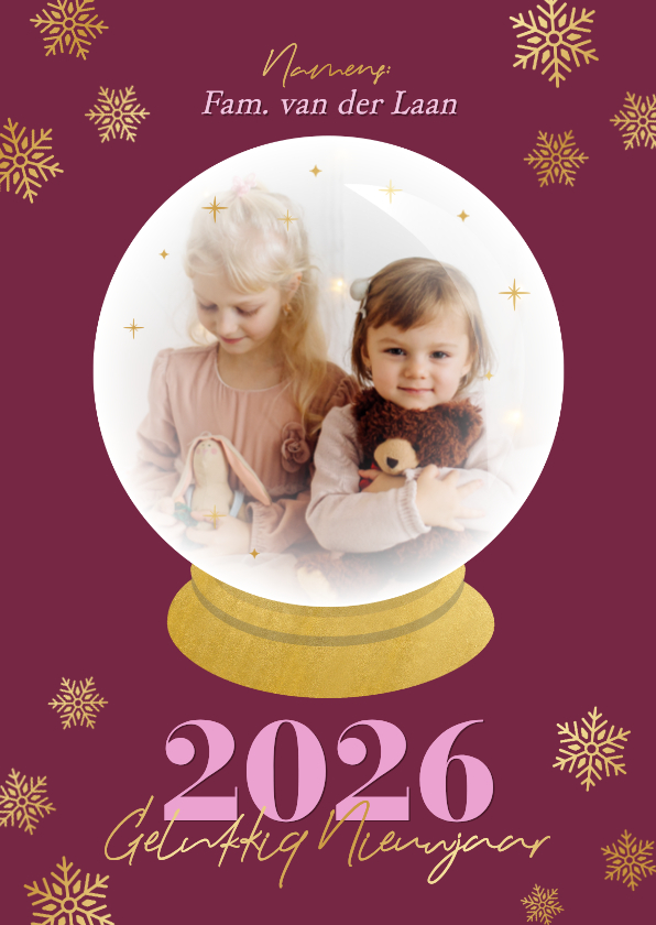 Nieuwjaarskaarten - Hippe nieuwjaarskaart met foto sneeuwbol paars en goud