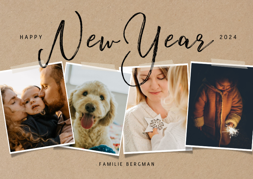 Hippe nieuwjaarskaart met fotocollage op papierlook - Nieuwjaarskaarten Nieuwjaarskaarten - Hippe nieuwjaarskaart met fotocollage op papierlook