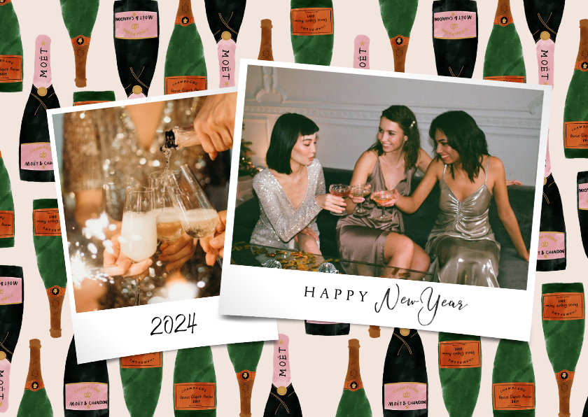 Nieuwjaarskaarten - Hippe nieuwjaarskaart met foto's en champagne achtergrond
