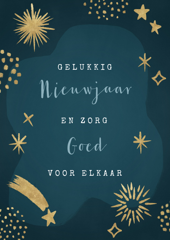 Nieuwjaarskaarten - Hippe nieuwjaarskaart met gouden vuurwerk en sterren 