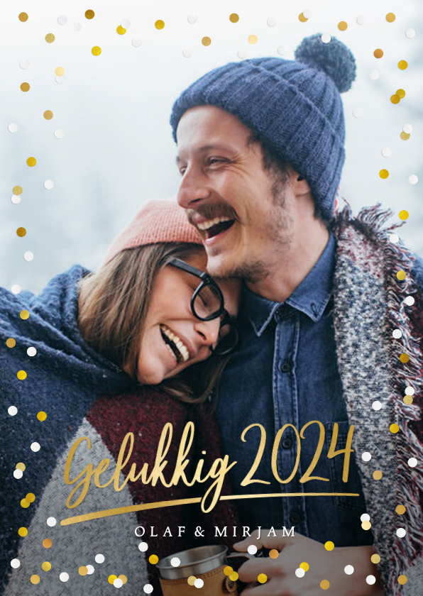 Nieuwjaarskaarten - Hippe nieuwjaarskaart met grote foto, 2024 en confetti