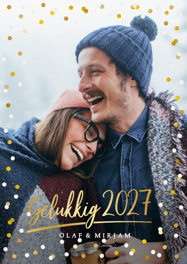 Hippe nieuwjaarskaart met grote foto, 2027 en confetti - Nieuwjaarskaarten Nieuwjaarskaarten - Hippe nieuwjaarskaart met grote foto, 2027 en confetti