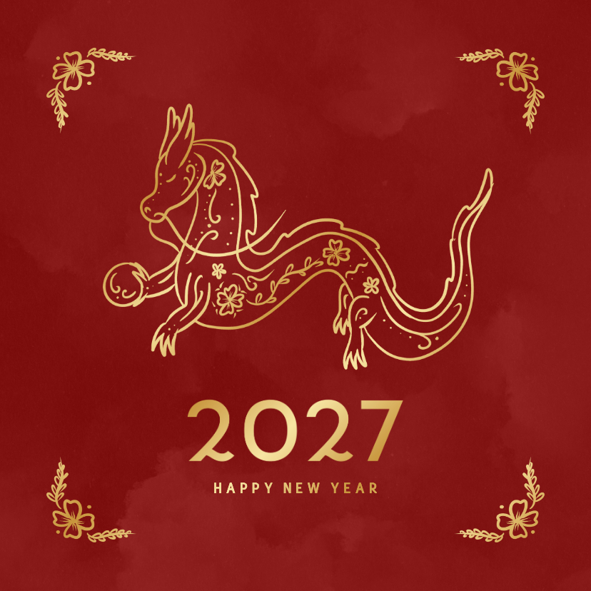 Kaartje voor Chinees nieuwjaar met draak in rood en goud - Nieuwjaarskaarten Nieuwjaarskaarten - Kaartje voor Chinees nieuwjaar met draak in rood en goud
