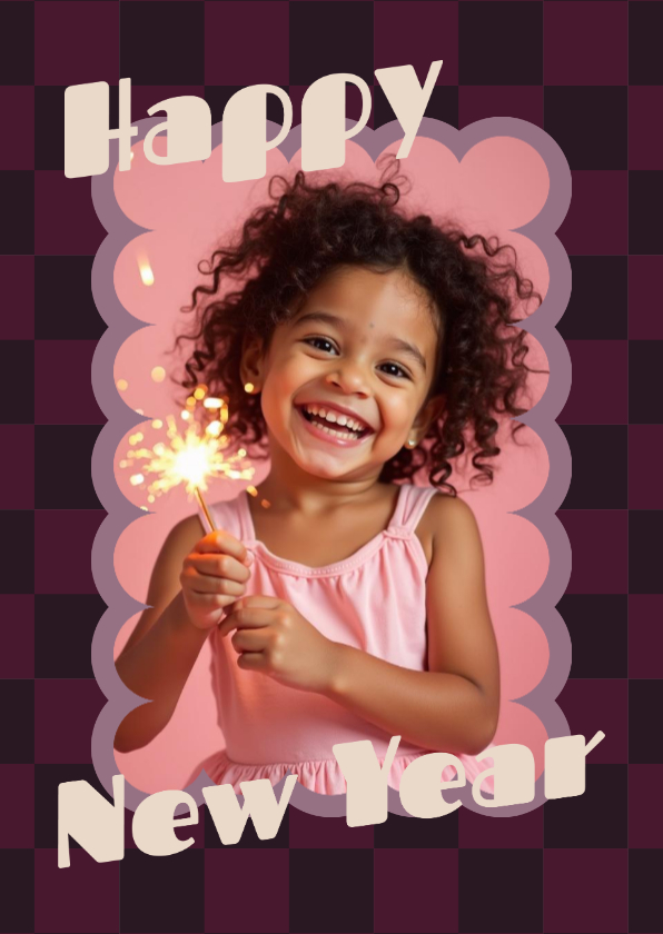 Nieuwjaarskaarten - Kerstkaart happy new year blokjespatroon hip