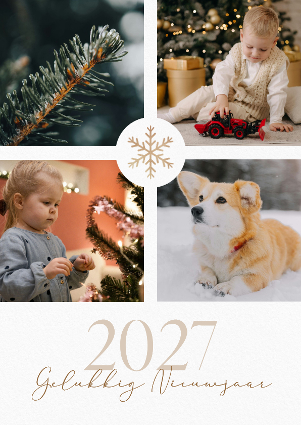 Klassiek nieuwjaarskaartje wit met fotocollage en sneeuwvlok - Nieuwjaarskaarten Nieuwjaarskaarten - Klassiek nieuwjaarskaartje wit met fotocollage en sneeuwvlok