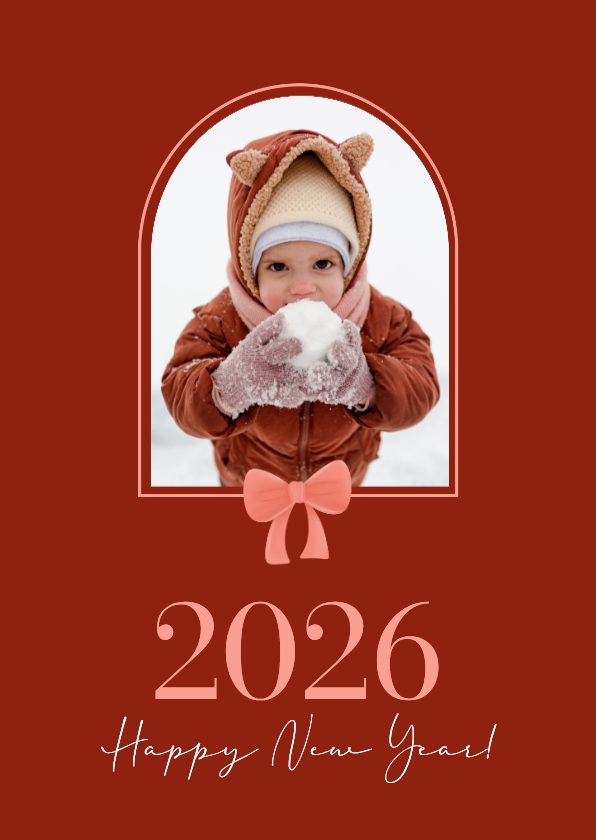 Nieuwjaarskaarten - Klassiek rode nieuwjaarskaart met foto en strik