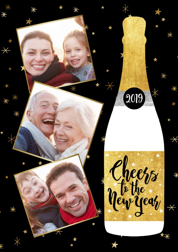 Leuke nieuwjaarskaart met champagnefles en foto's - Nieuwjaarskaarten Nieuwjaarskaarten - Leuke nieuwjaarskaart met champagnefles en foto's