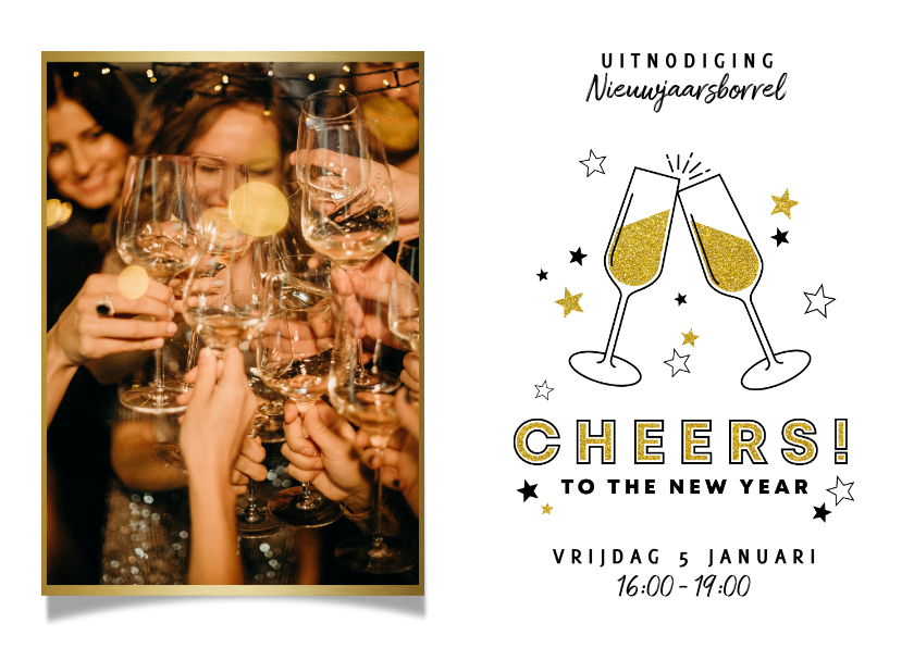 Nieuwjaarskaarten - Leuke uitnodiging nieuwjaarsborrel met foto en champagne