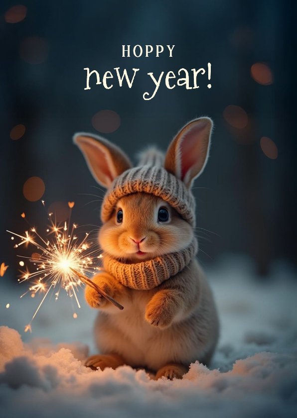 Nieuwjaarskaarten - Lief nieuwjaarskaartje met konijn hoppy new year