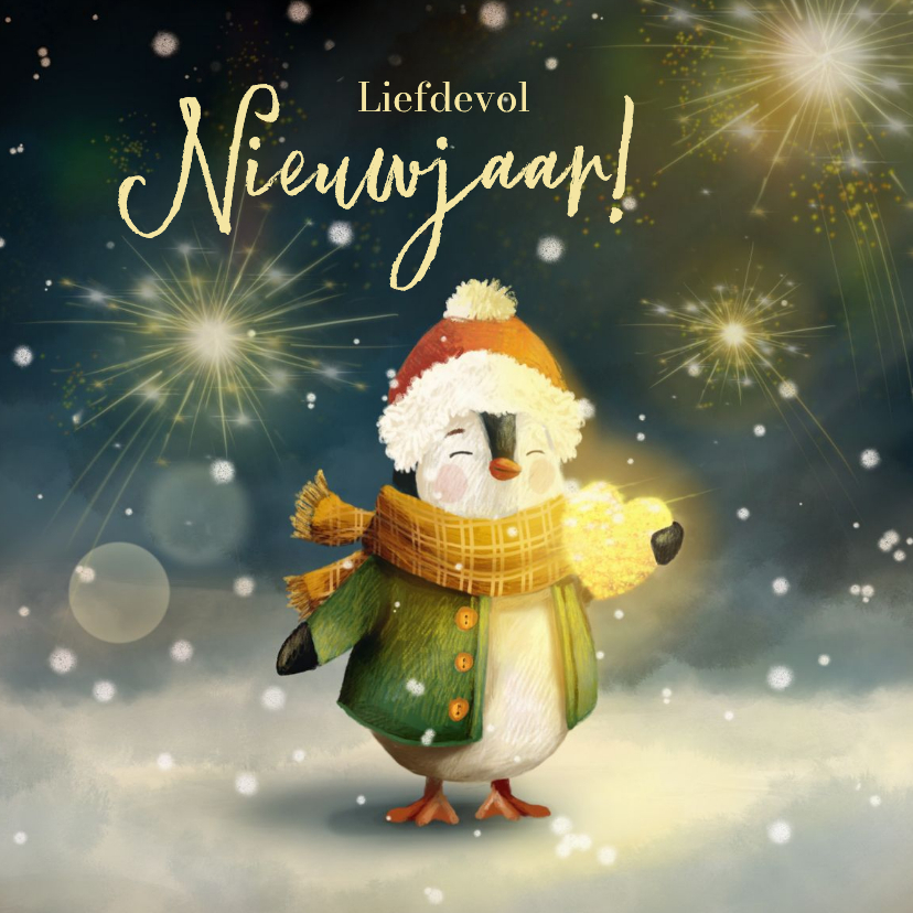 Liefdevolle nieuwjaarskaart met pinguïn en een hartje - Nieuwjaarskaarten Nieuwjaarskaarten - Liefdevolle nieuwjaarskaart met pinguïn en een hartje