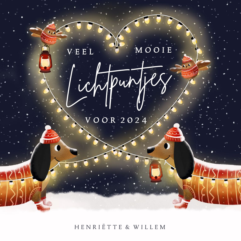 Liefdevolle nieuwjaarskaart teckels - veel lichtpuntjes! - Nieuwjaarskaarten Nieuwjaarskaarten - Liefdevolle nieuwjaarskaart teckels - veel lichtpuntjes!