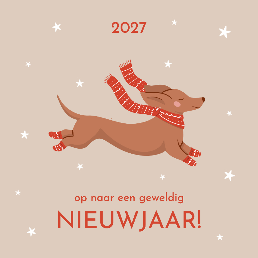 Lieve beige nieuwjaarskaart met teckel met sjaal - Nieuwjaarskaarten Nieuwjaarskaarten - Lieve beige nieuwjaarskaart met teckel met sjaal