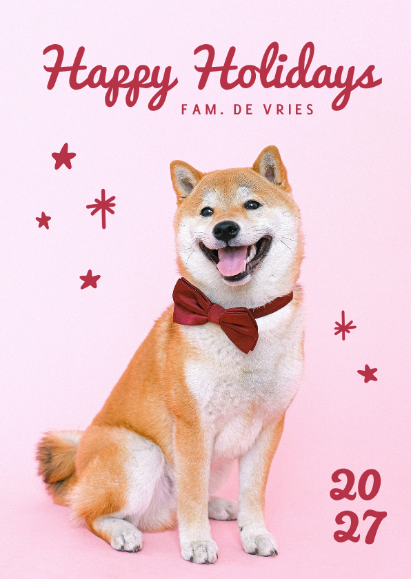 Nieuwjaarskaarten - Lieve nieuwjaarskaart met hondje met strik