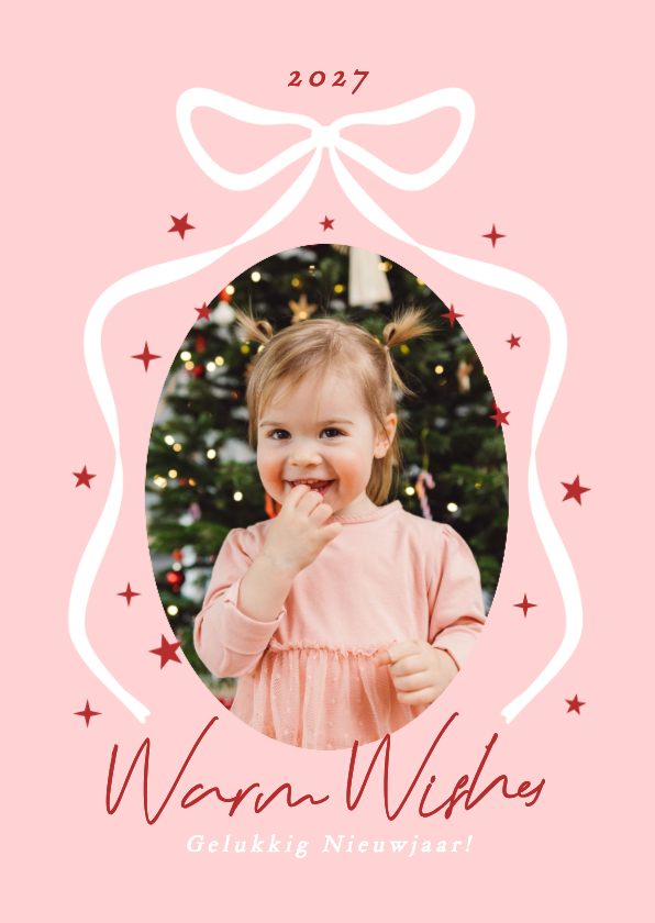 Lieve roze nieuwjaarskaart met strik en foto - Nieuwjaarskaarten Nieuwjaarskaarten - Lieve roze nieuwjaarskaart met strik en foto