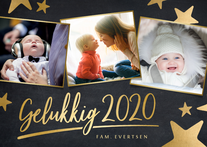 Moderne zwarte nieuwjaarskaart met sterren en eigen foto's - Nieuwjaarskaarten Nieuwjaarskaarten - Moderne zwarte nieuwjaarskaart met sterren en eigen foto's