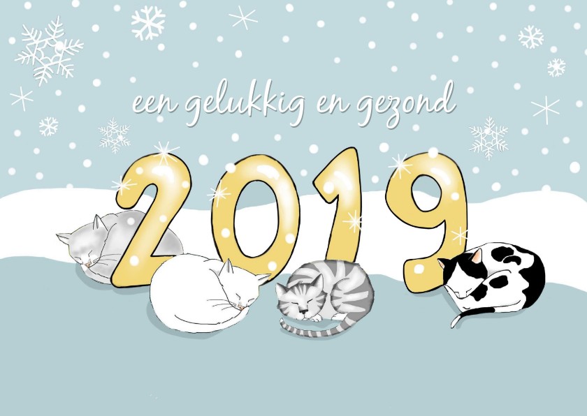 Nieuwjaar - 2019 met vier katten - Nieuwjaarskaarten Nieuwjaarskaarten - Nieuwjaar - 2019 met vier katten