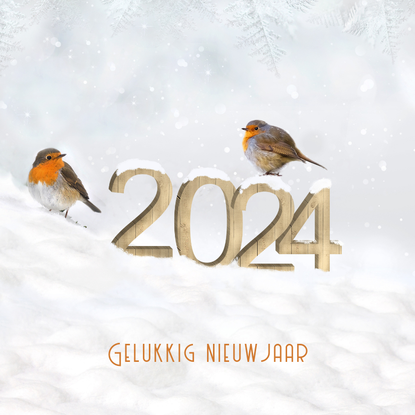 Nieuwjaar cijfers van hout in de sneeuw met roodborstjes - Nieuwjaarskaarten Nieuwjaarskaarten - Nieuwjaar cijfers van hout in de sneeuw met roodborstjes