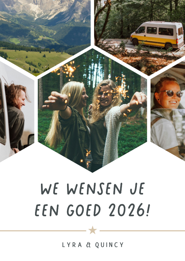 Nieuwjaarskaarten - Nieuwjaar fotocollage hexagon kaart met 5 foto's