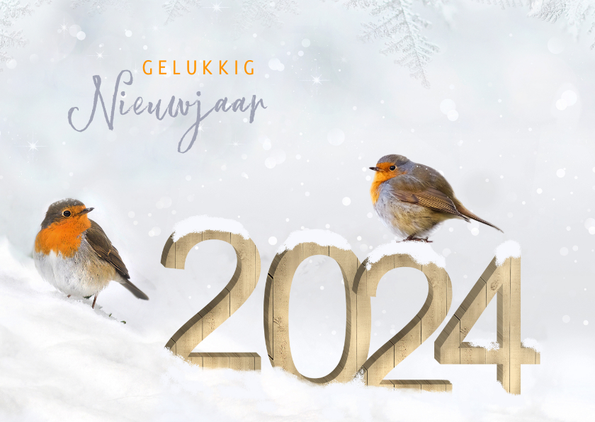 Nieuwjaar houten cijfers in de sneeuw met roodborstjes - Nieuwjaarskaarten Nieuwjaarskaarten - Nieuwjaar houten cijfers in de sneeuw met roodborstjes