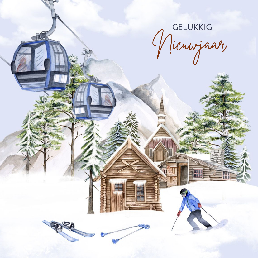 Nieuwjaar skihut in de winter - Nieuwjaarskaarten Nieuwjaarskaarten - Nieuwjaar skihut in de winter