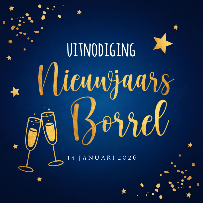 Nieuwjaarskaarten - Nieuwjaarsborrel blauw uitnodiging confetti goudlook 