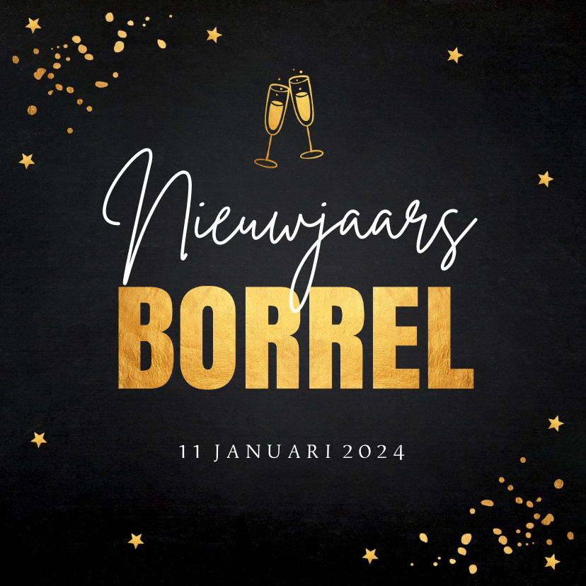 Nieuwjaarsborrel confetti typografie goudlook - Nieuwjaarskaarten Nieuwjaarskaarten - Nieuwjaarsborrel confetti typografie goudlook