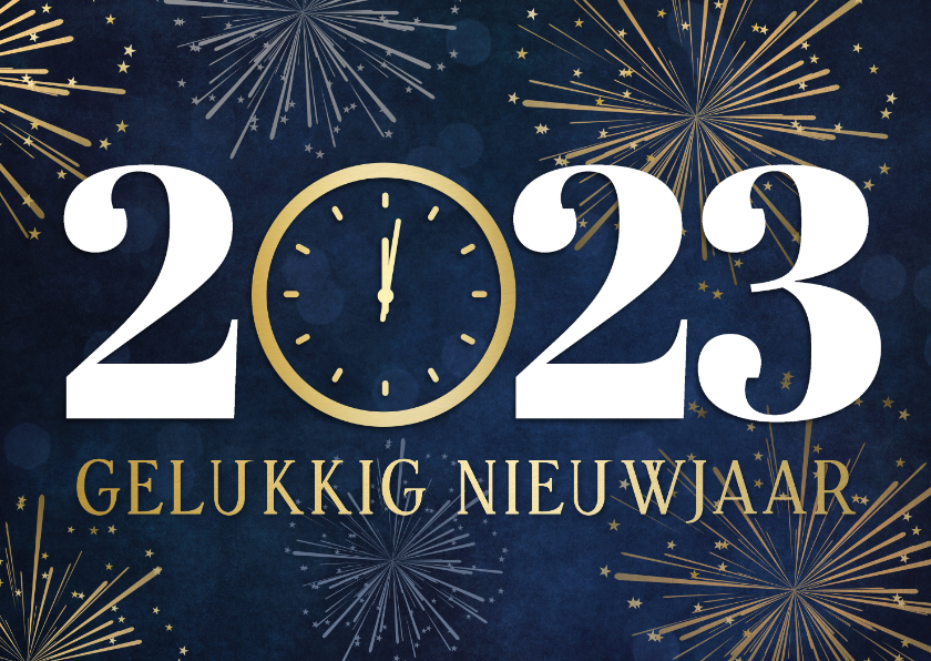 Nieuwjaarskaarten - Nieuwjaarskaart 2023 met klok op 12 uur en vuurwerk