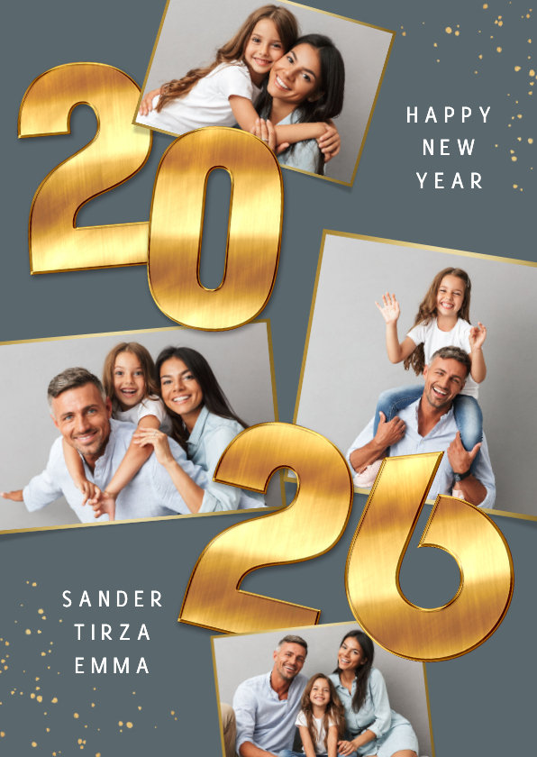 Nieuwjaarskaarten - Nieuwjaarskaart 2026 goud cijfers spetters fotocollage