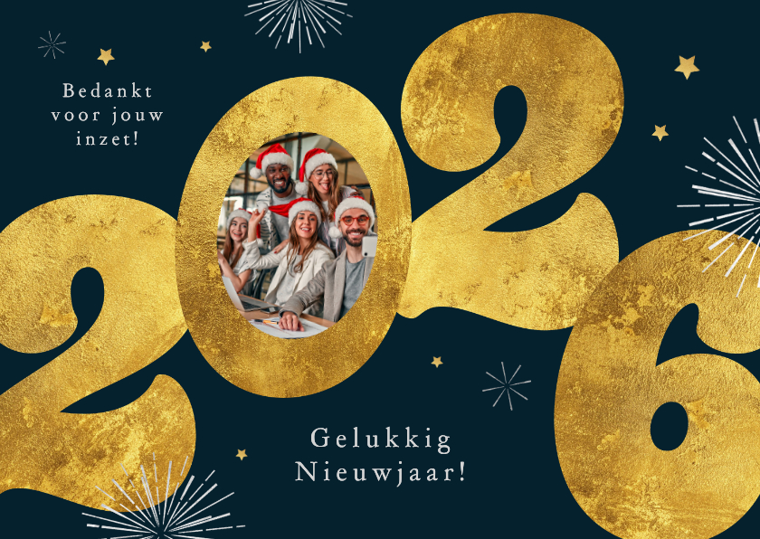 Nieuwjaarskaarten - Nieuwjaarskaart 2026 goud modern zakelijk vuurwerk sterren